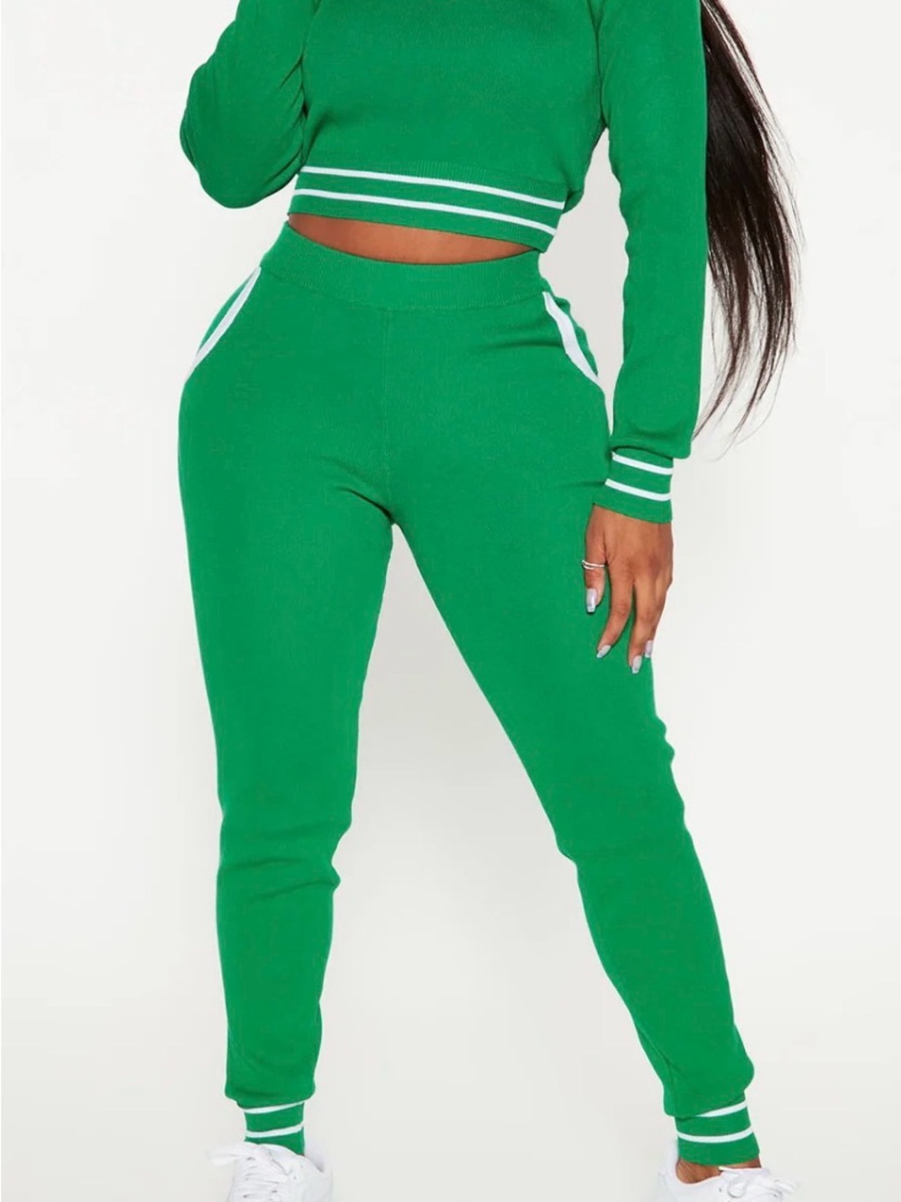 Fashion Nova 2 piece set Green Ribbed Track Joggers with White Stripe